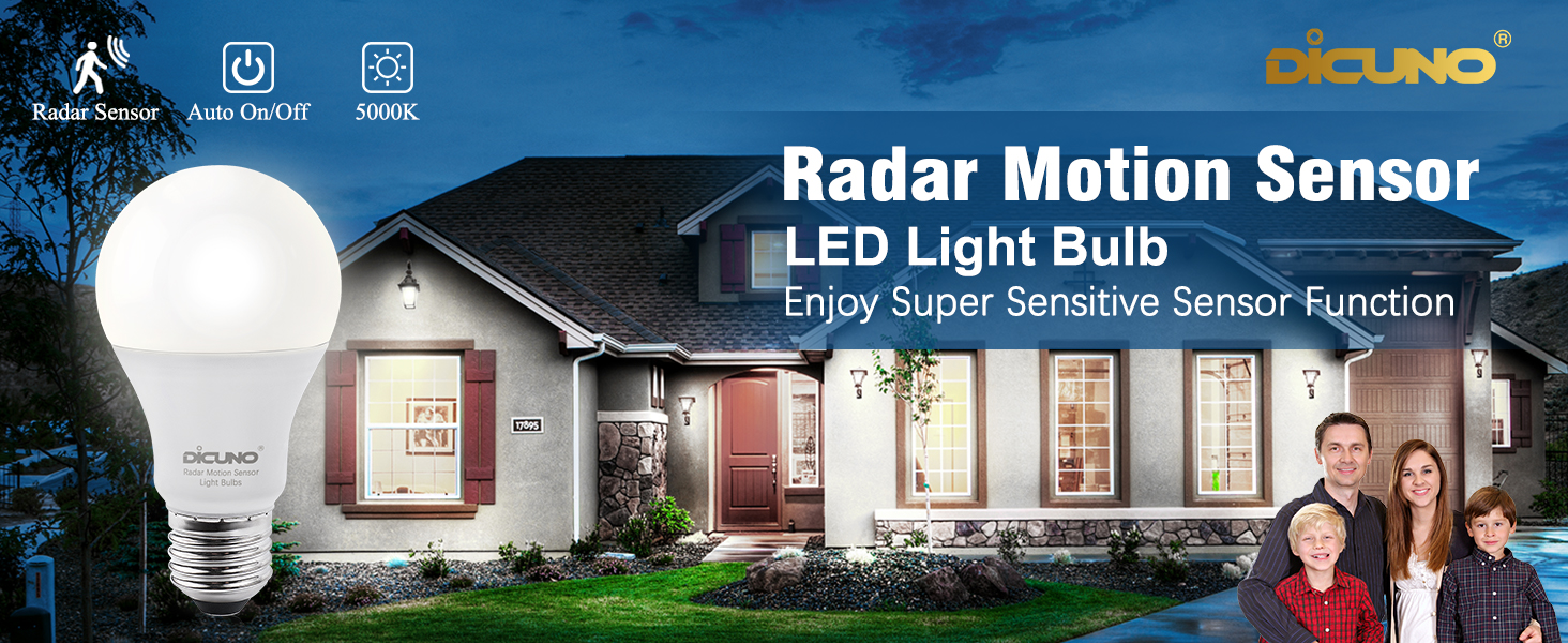 DiCUNO Radar Motion Sensor Light Bulbs, Motion Activated Bulb, 12W(100W Equivalent), 5000K