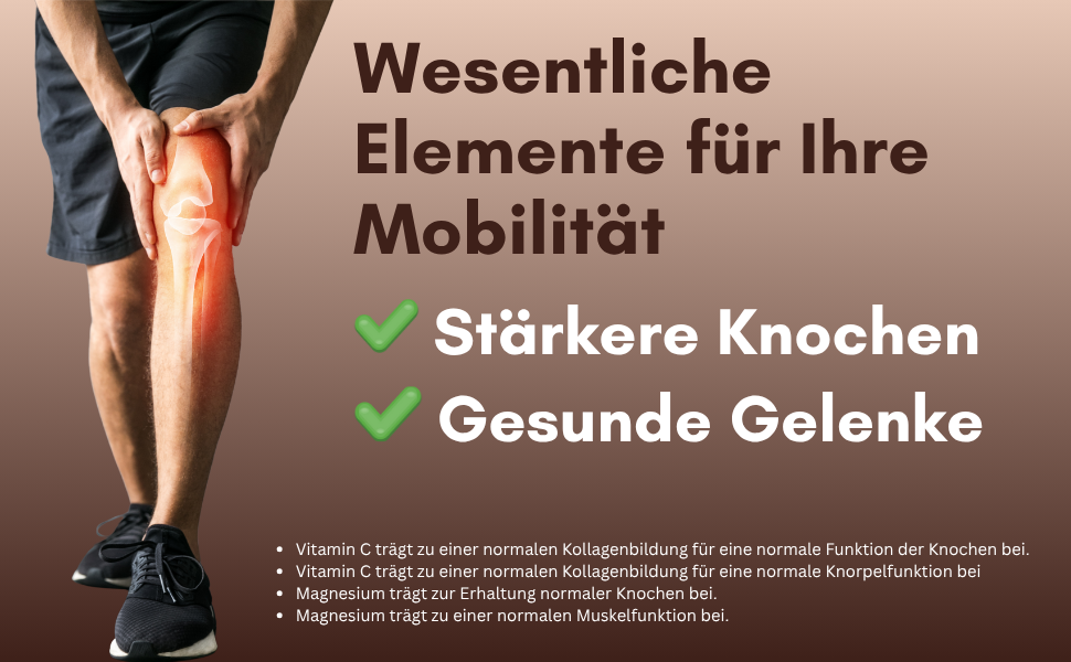 Text reads 'Wesentliche Elemente für Ihre Mobilität' ('Essential elements for your mobility'). 'Stärkere Knochen', 'Gesunde Gelenke'. Images of people exercising.