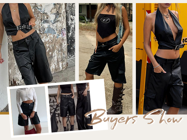 YEXPINE Faux Leather Cargo Shorts for Women High Waisted