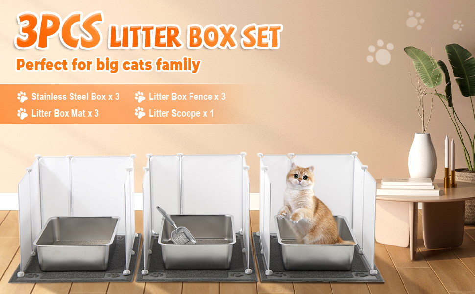 3 Set Extra Large Stainless Steel Litter Box, 24 x 16 x 6