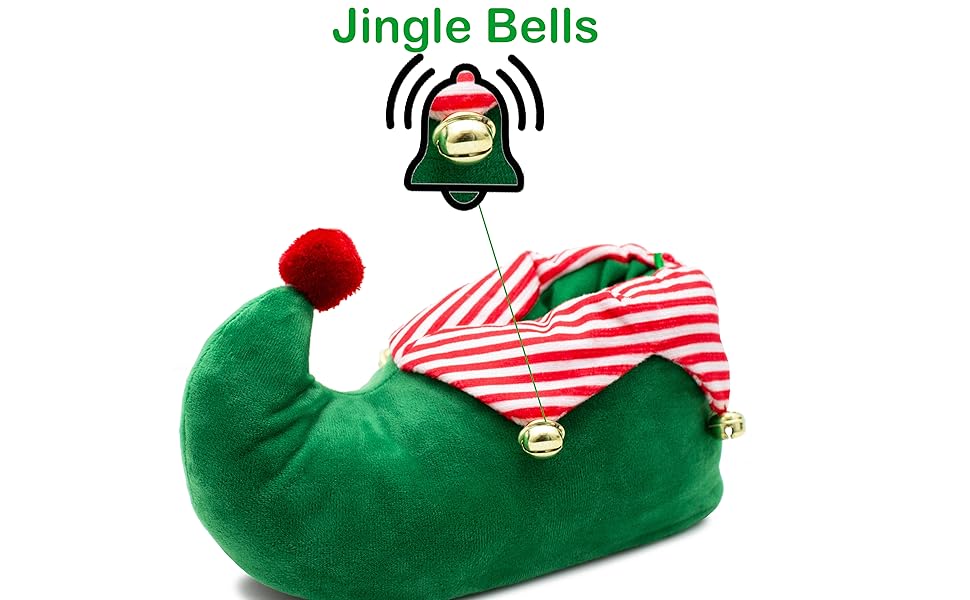 Green plush elf shoe with red and white striped cuff, red pom-pom, and built-in jingle bell. Text reads 'Jingle Bells' with bell icon.