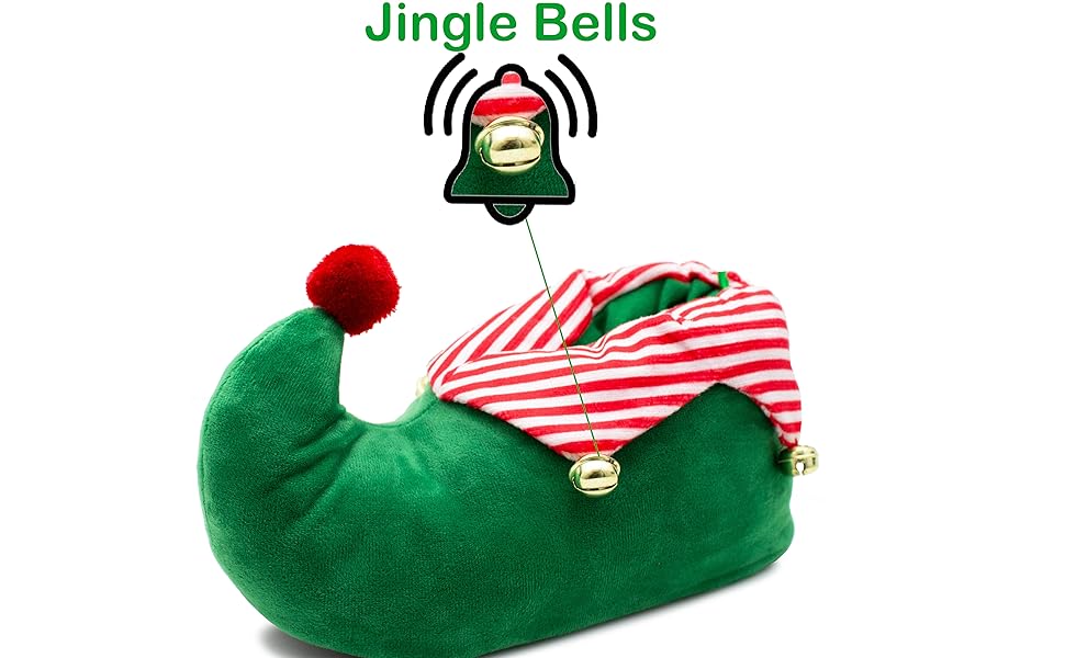 Green plush elf shoe with red and white striped cuff, red pom-pom, and built-in jingle bell. Text reads 'Jingle Bells' with bell icon.
