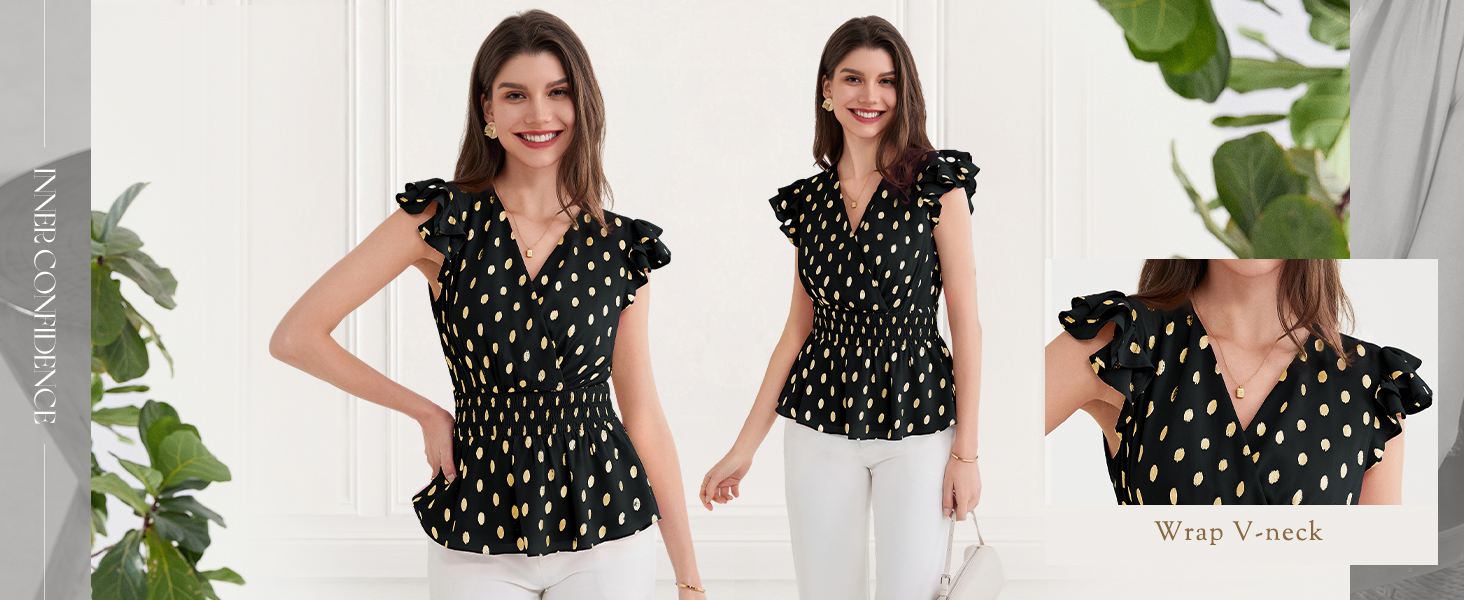 GRACE KARIN Ruffle Tops for Women Wrap V Neck Cap Sleeve Peplum Tops Sparkly Polka Dots Blouse
