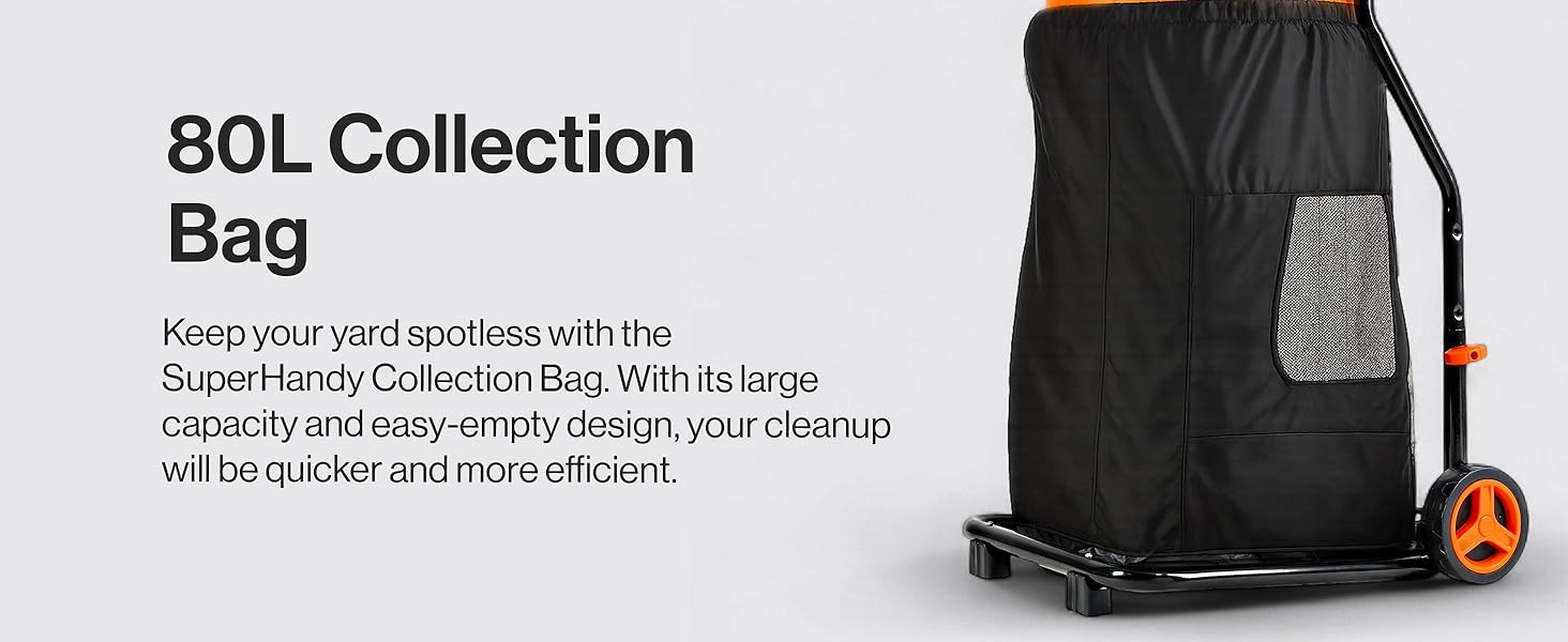 Text reads '80L Collection Bag' and 'keep your set race-ready with the SuperTrendy Collection Bag. With its large capacity and easy-carry design, your clean-up routine just got easier.' Black drawstring bag with graphic design.
