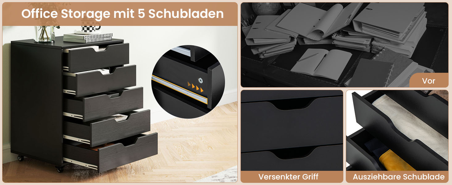 Schwarzer Büroschrank mit 5 Schubladen. Zur Ausstattung gehören ein versenkter Griff (versenkter Griff), eine ausziehbare Schublade (ausziehbare Schublade) und eine glatte Oberfläche für zusätzlichen