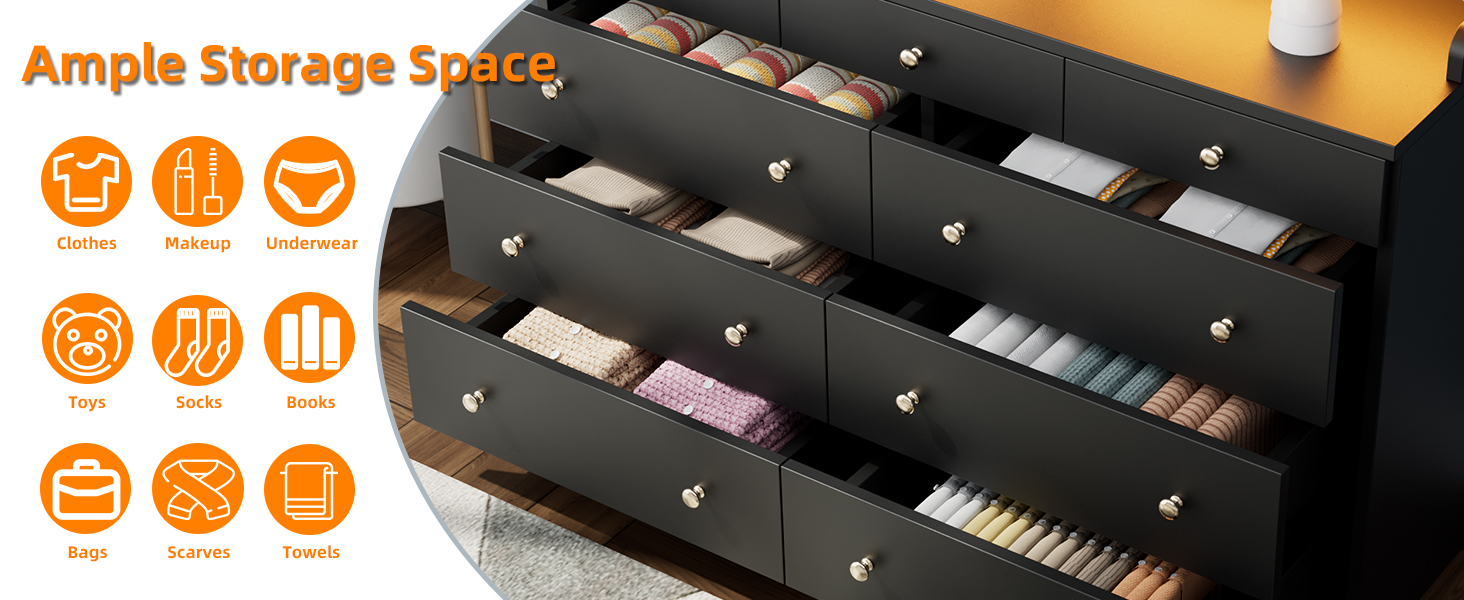 Yeyawomy 9 Drawers Dresser with LED Light, Dresser for