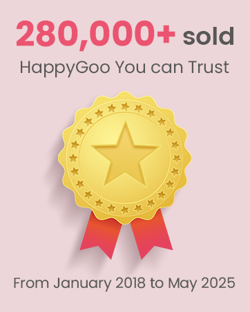Gold star award badge with red ribbons. Text indicates 280,000+ sold, HappyGoo You can Trust, from January 2018 to May 2025.