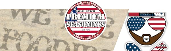 constitution background, premium seasonings circle in middle, tailgate foodie logo on right