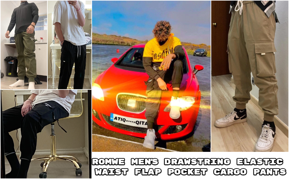 Romwe Men's Flap Pocket Drawstring Elastic Waist Letter Graphic Street Cargo Pants