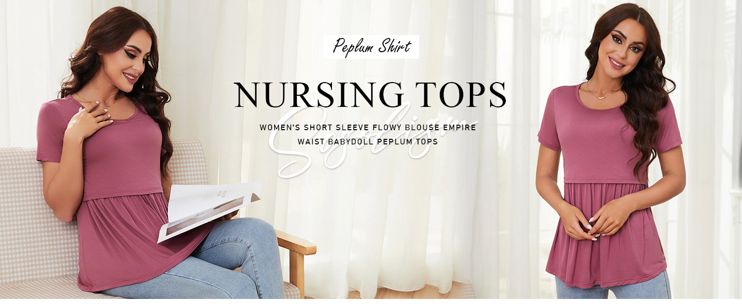 Sosolism Women's Maternity Nursing Tops for Breastfeeding Short Sleeve Peplum Pregnancy Clothes
