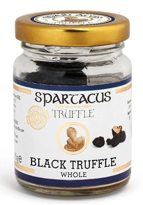 de trufas negras enteras de la marca Spartacus. Tapa dorada con etiqueta que muestra el nombre del producto