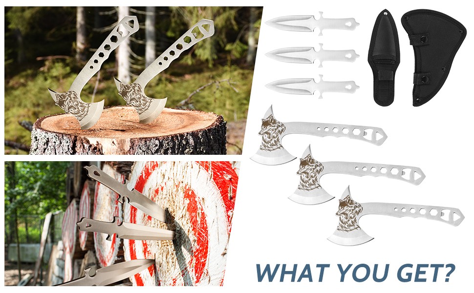 Throwing Axes and Throwing Knives Tomahawks Set with Bottle Opener and Nylon Sheath