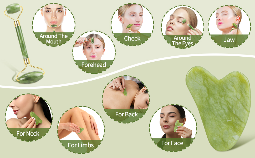 jade roller en gua sha stimulator kan worden gebruikt in verschillende gezichtsgebieden