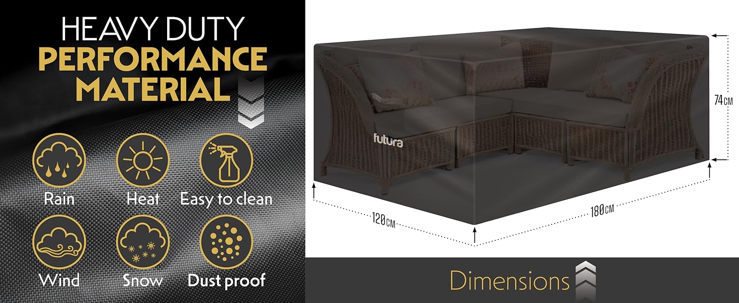 Heavy-duty outdoor furniture cover with weather-resistant features including protection against rain, heat, wind, snow, and dust. Shows dimensions and protective capabilities.