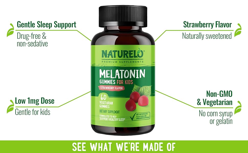 NATURELO, Children Melatonin, Sleep Gummies, Non-GMO, Child Supplement, Calming, Strawberry Flavor
