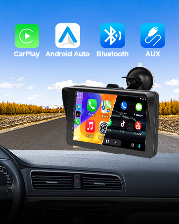Car dashboard mount displaying navigation device with CarPlay, Android Auto, Bluetooth and AUX connectivity options shown as icons.