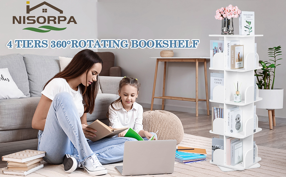Nisorpa 4Tier Rotating Bookshelf, 360° Rotating Bookcase Square