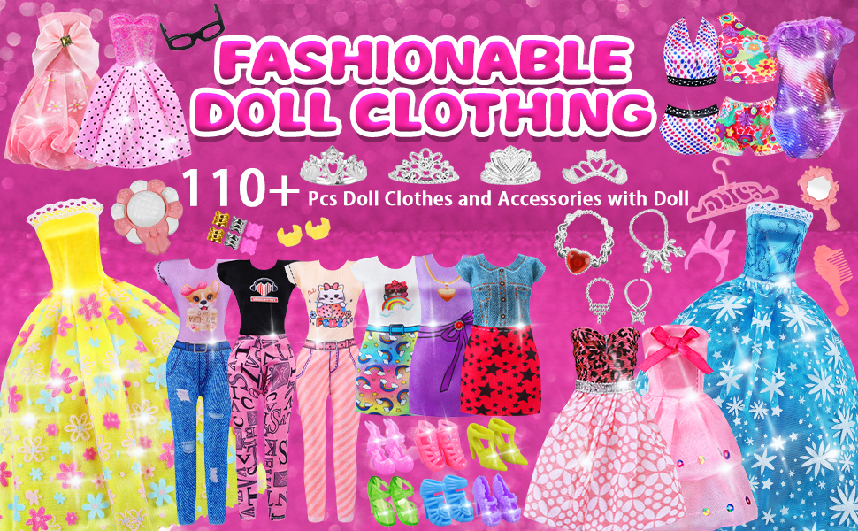 Text reads 'FASHIONABLE DOLL CLOTHING' and '110+ Pcs Doll Clothes and Accessories with Doll'. Display of colorful doll dresses including yellow, blue, pink and sparkly formal gowns with accessories like tiaras and jewelry.