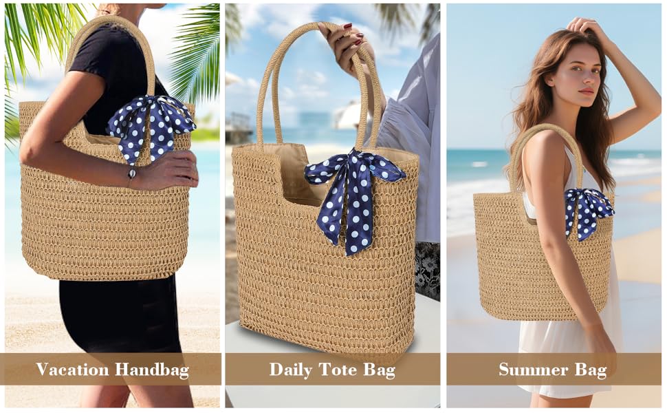 Straw Beach Bags for Women - Summer Soft Large Woven Shoulder Purse Handbag for Women for Holiday