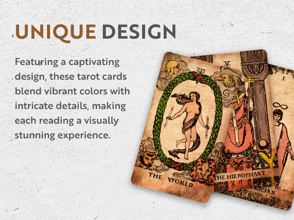 Three tarot cards with intricate, vibrant designs highlighting the unique and captivating deck styl
