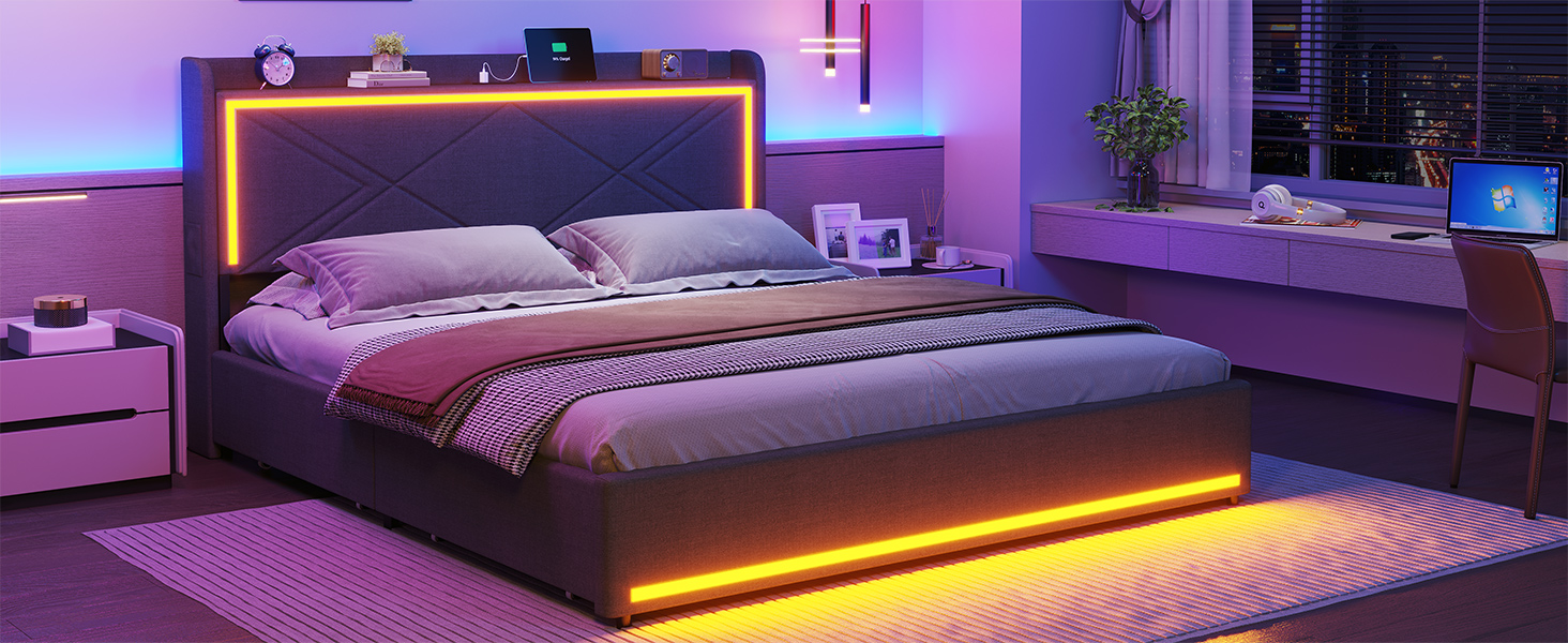 BTHFST Full Bed Frame with RGB LED Lights Headboard & USBC