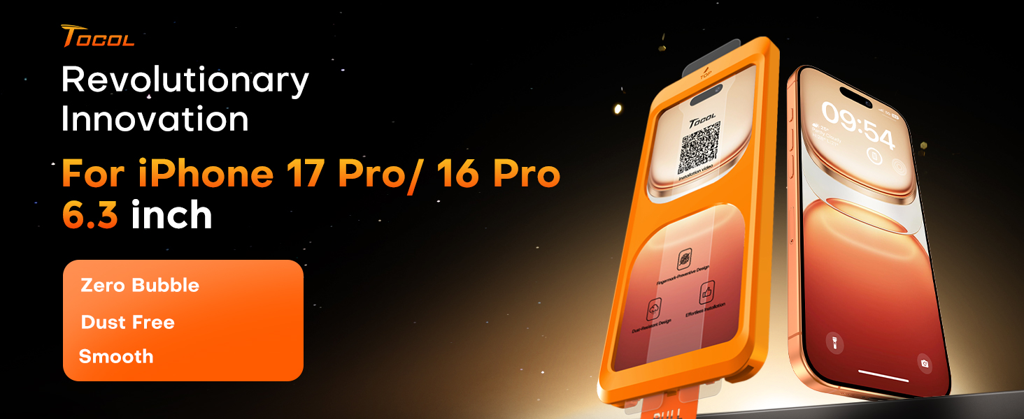 Text reads 'Revolutionary Innovation' and 'F 1 inch'. Product diagram showing technical specifications and measurements against black background with orange accents.