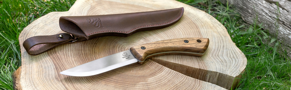 BeaverCraft Bushcraft Camping Full Tang Cuchillo de hoja fija con funda de cuero BSH1 Dune