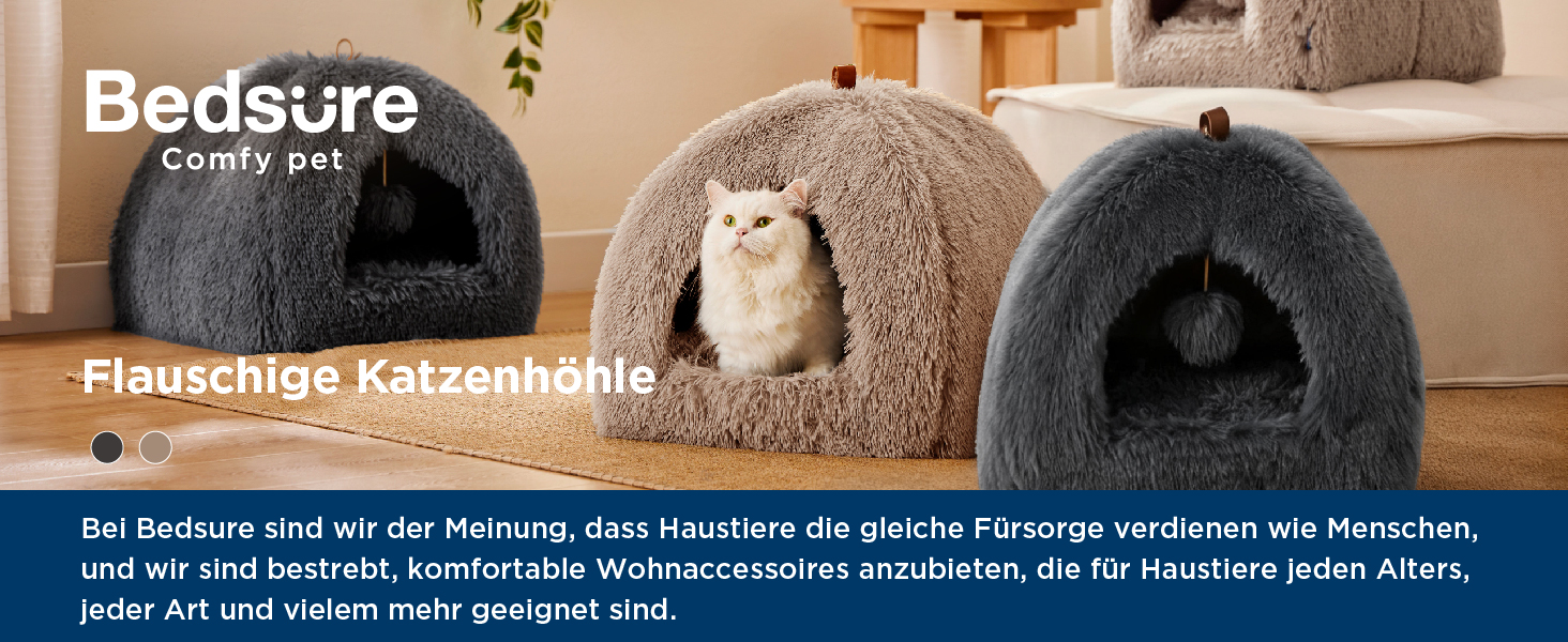 Der Text lautet „Bedsure“. Marketingbild, das ein Katzenbett oder ein Tiermöbelprodukt zeigt, mit beschreibendem Text auf Deutsch.