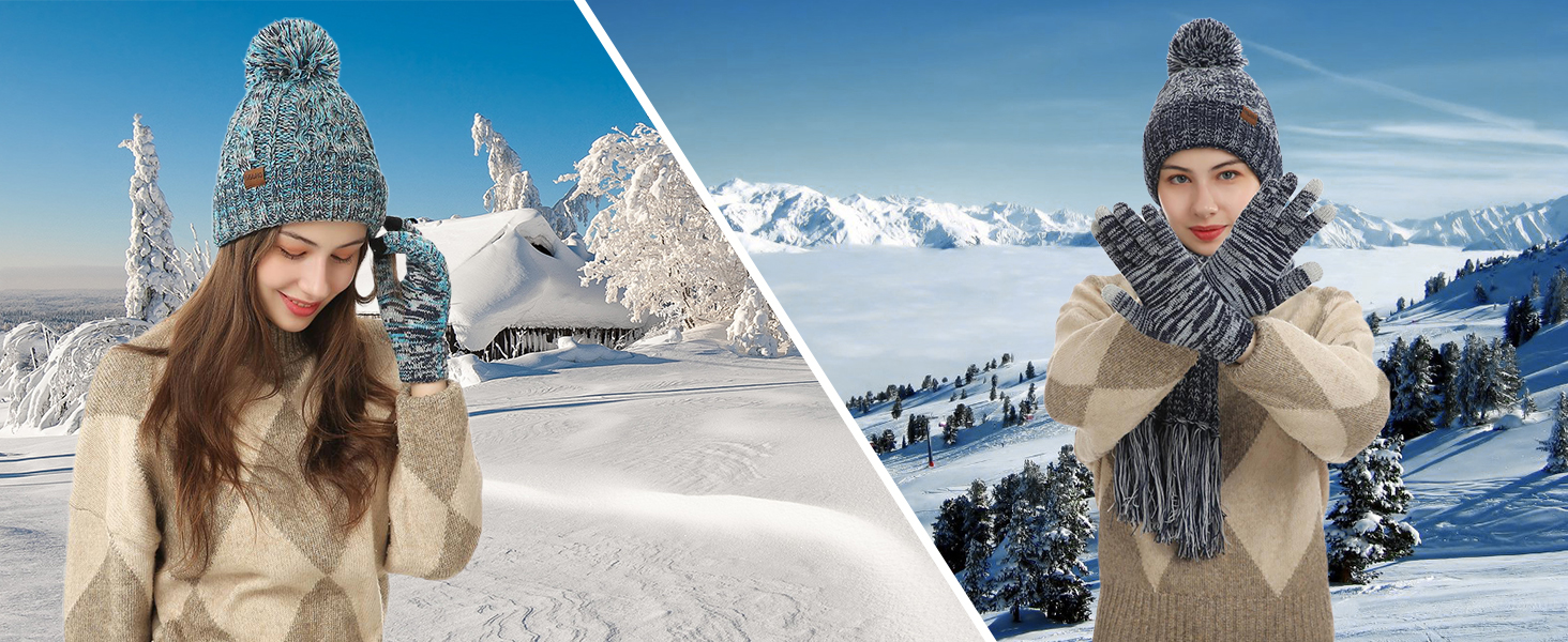 Winter Warm Beanie Hat Scarf and Touchscreen Gloves Set
