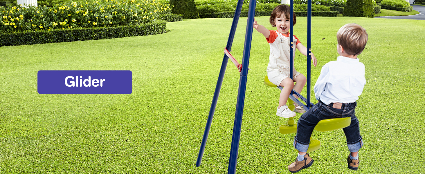 This metal swing set comes with a slide, 2 swings, a glider, trapeze rings, monkey bar