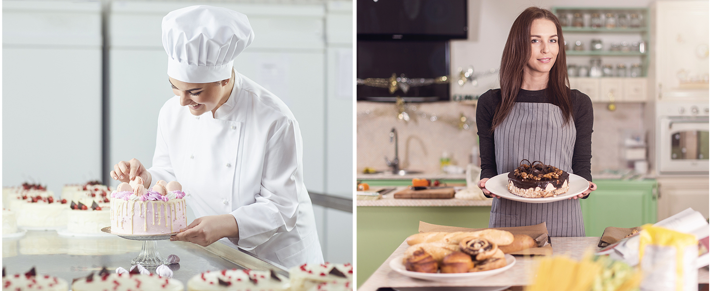 Geteiltes Bild, das einen professionellen Koch zeigt, der einen Kuchen dekoriert, und eine Frau in Freizeitkleidung, die in einer Küche einen Teller mit Backwaren hält.