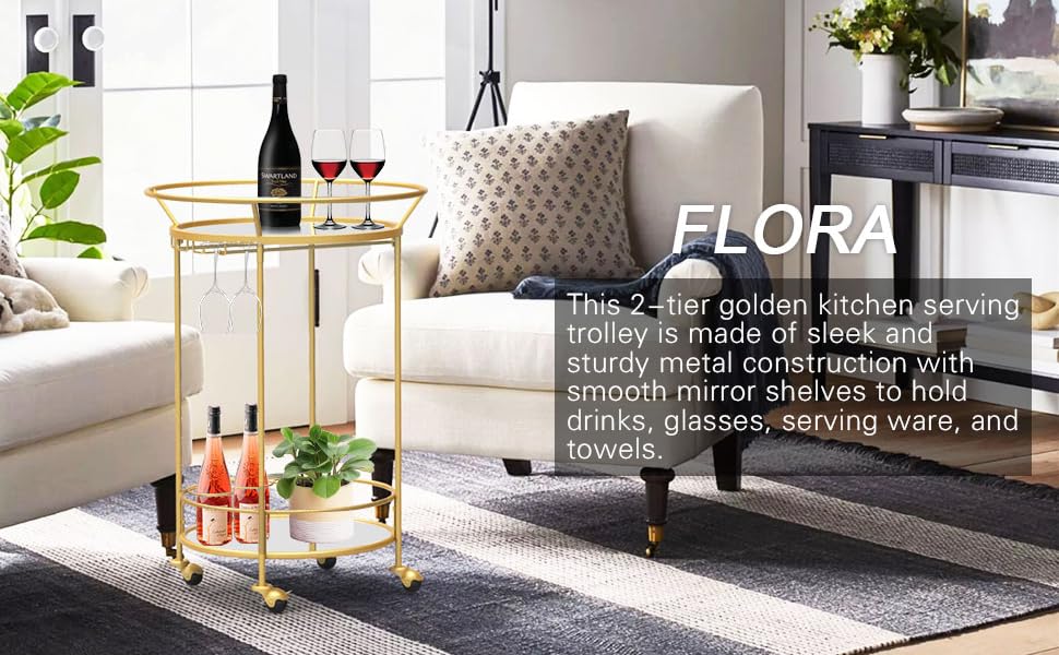Flora Round Gold Rolling Bar Cart Wine Rack and Lockable