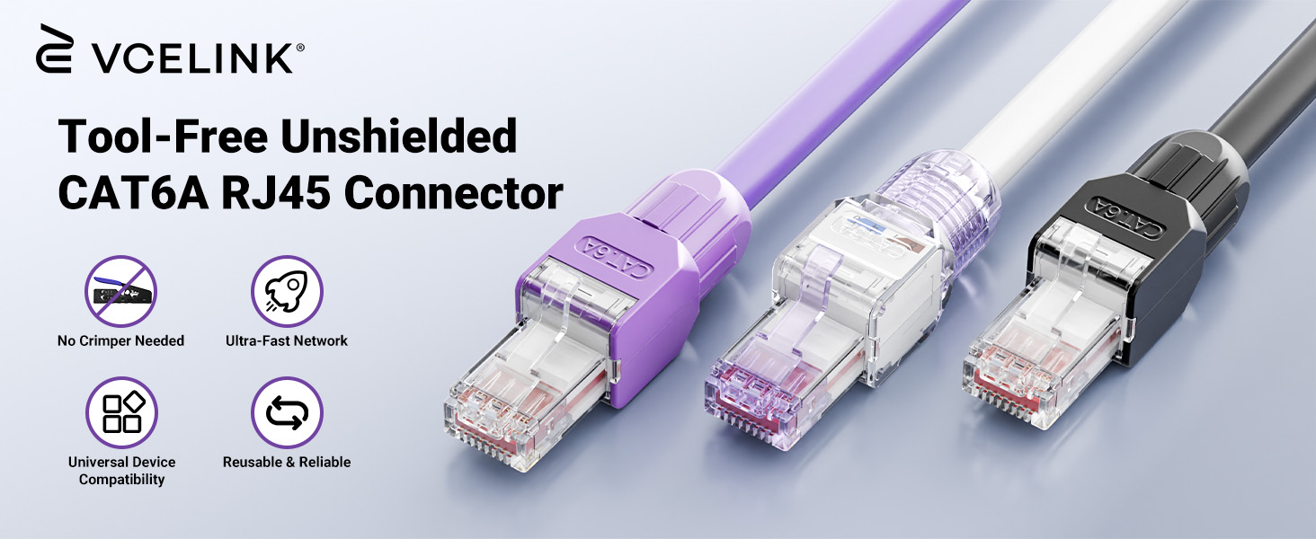A step-by-step visual guide demonstrating the installation process of the VCELINK RJ45 Toolless Cat7 Connector, from stripping the cable to final assembly, including T568A and T568B wiring diagrams.