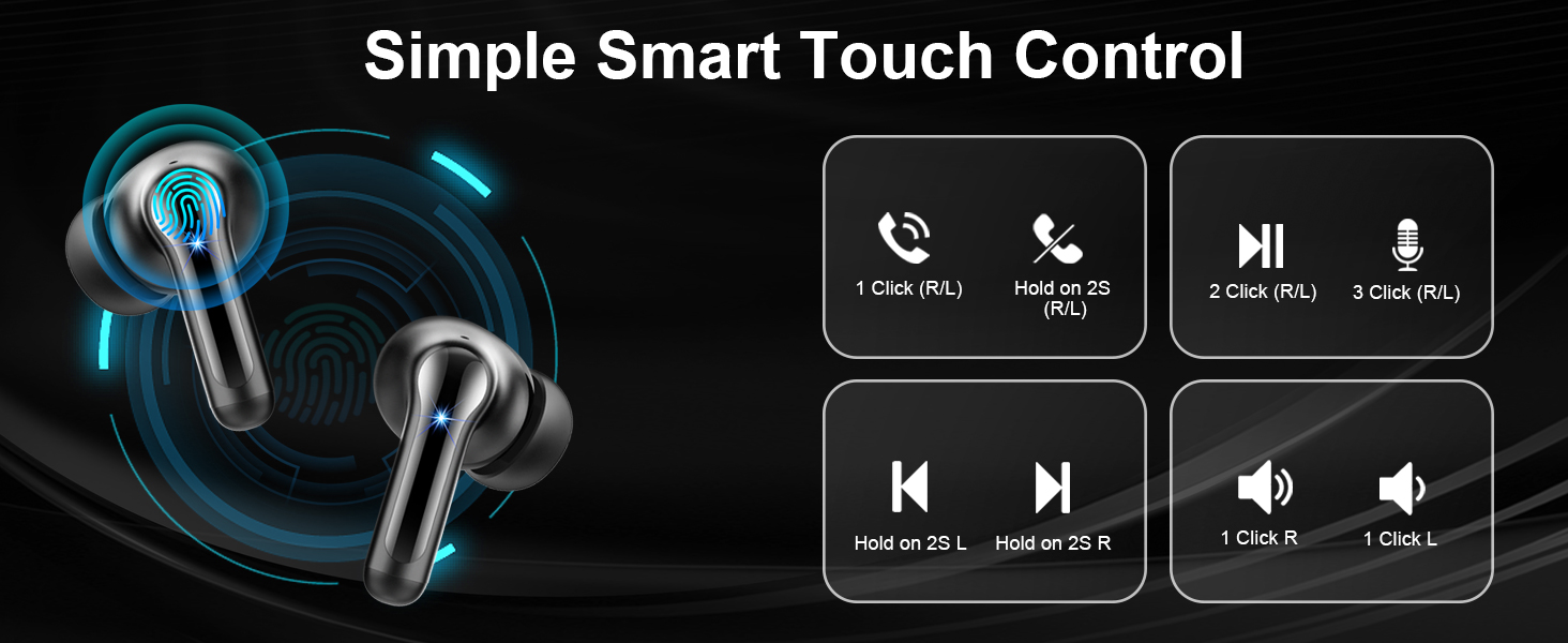 Wireless earbuds with smart touch control interface showing icons for call, music, and volume functions with blue lighting effects.
