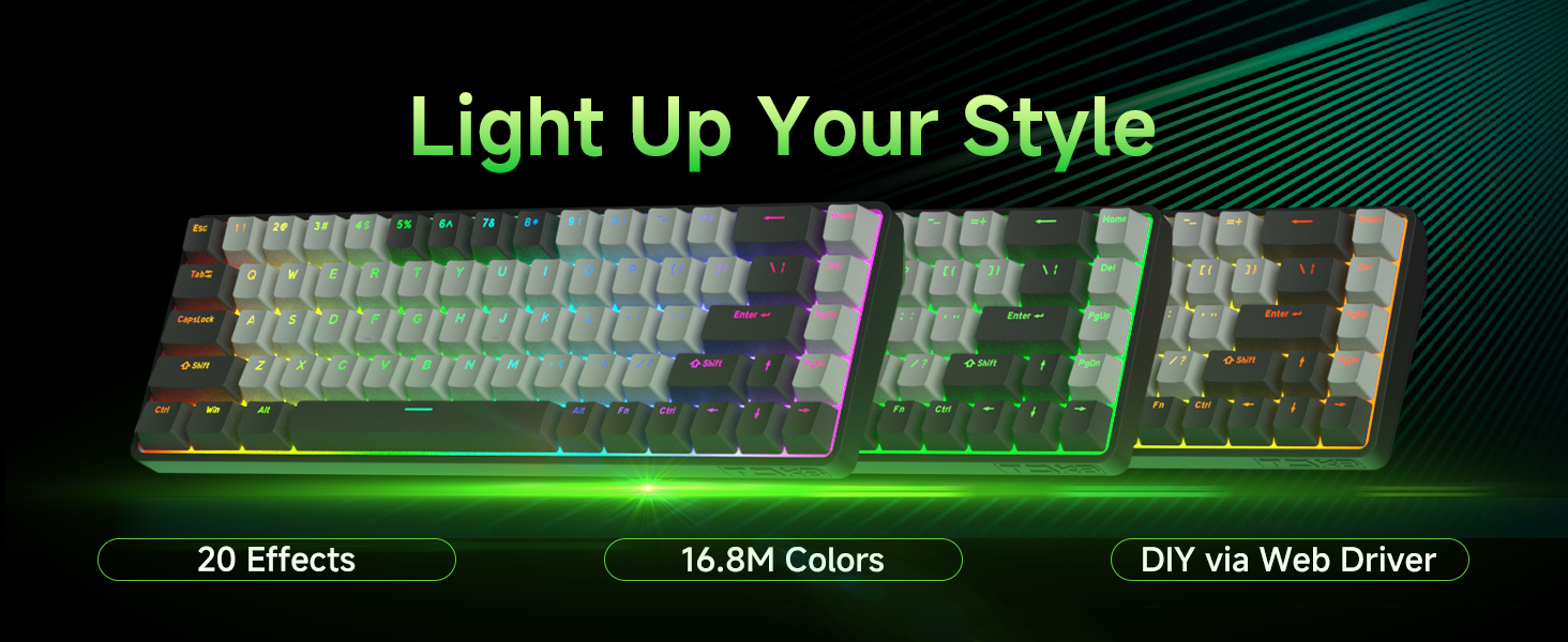 Text reads 'Light Up Your Style'. Mechanical gaming keyboard with green LED backlighting shown from multiple angles, displaying illuminated keys.