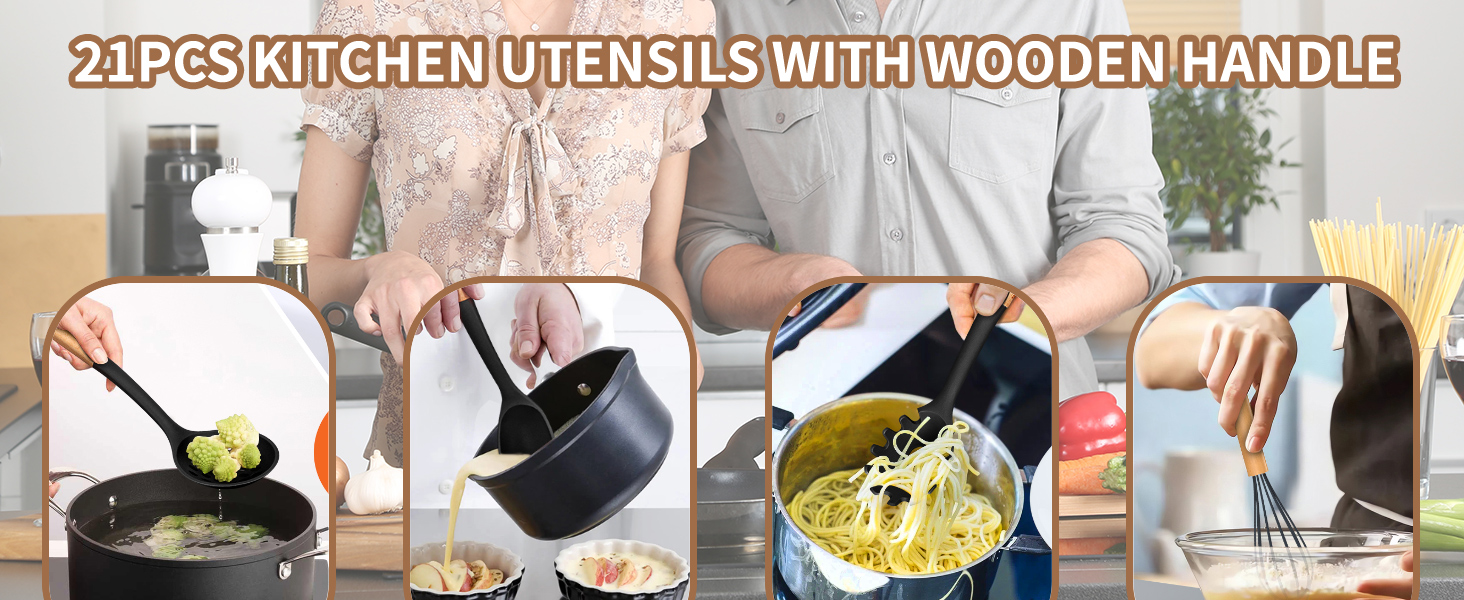 Wooden Handle Silicone Kitchen Gadgets Utensil Set
