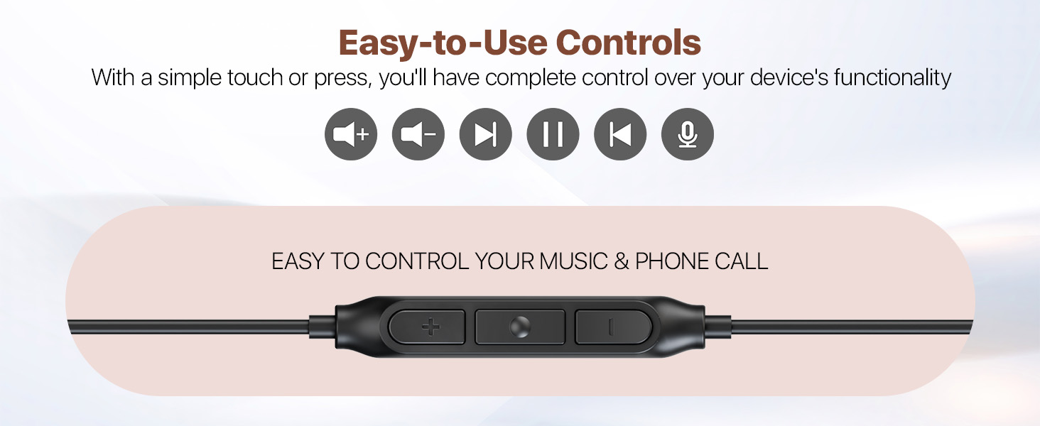 Inline remote control for audio devices. Black cable with control module featuring volume, play/pause, and call buttons. Text describes easy-to-use controls.