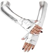 CALFOVERA Shiny Metallic PU Leather Fingerless Gloves Silver Long Half Palm Rock Stage Gloves Str...