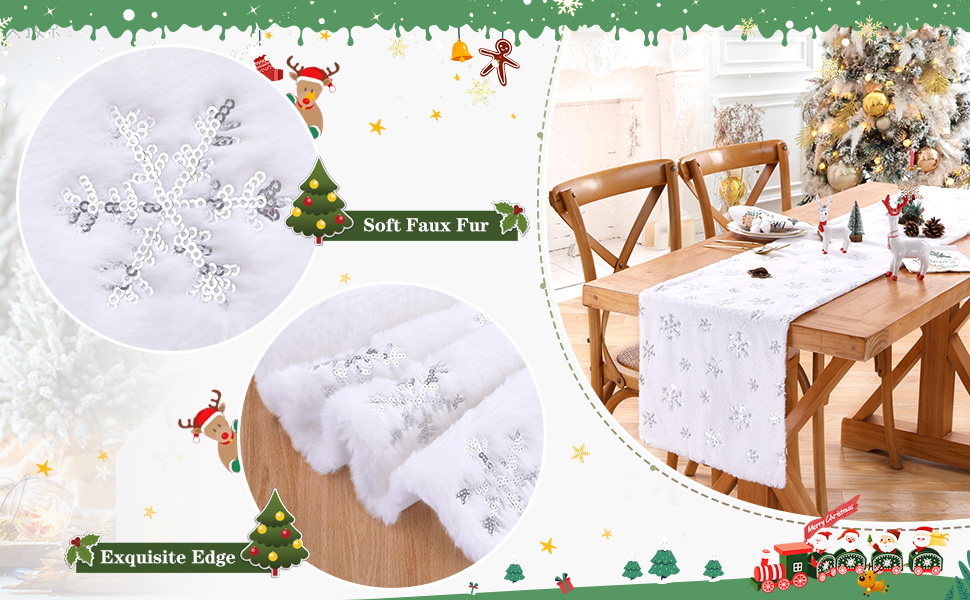 White Silver Table Runner Faux Fur 13 x 72 inch Long Snowflake