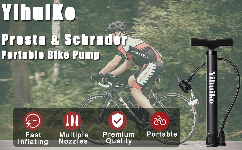 Yihui Ko portable bike pump advertisement. Shows cyclist and pump with features: fast inflating, multiple nozzles, premium quality, and portability.