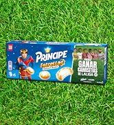 El texto dice el logotipo de la marca de aperitivos «PRINCIPE» sobre un fondo de embalaje azul con elementos de diseño en naranja y blanco.