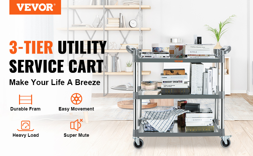 VEVOR Utility Service Cart, 3 Shelf Heavy Duty 220LBS Food Service Cart