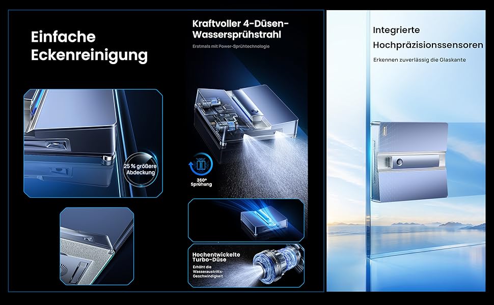 Zusammengesetztes Bild mit Fahrzeugmerkmalen: Eckreinigungssystem, leistungsstarker 4-Düsen-Wasserstrahl und integrierte hochpräzise Sensoren. Die Bilder zeigen Fahrzeugteile und Reinigungsmechanismen