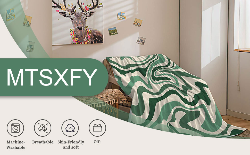 Aesthetic 70S Abstract Wavy Swirl Throw Blanket, Cute Sage