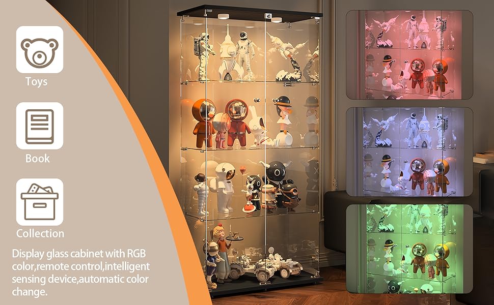 Glass Display with LED Lights,4 Tier with Doors