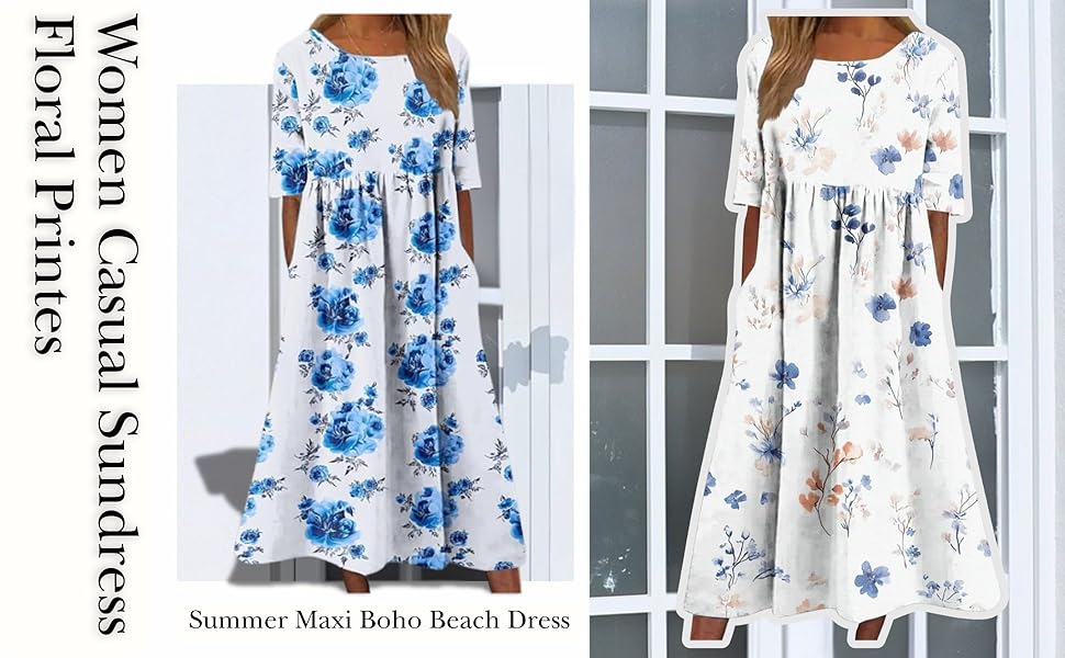 Summer Maxi Dress Casual Short Sleeve Crew Neck Swing Dress Flowy Tiered Party Weddings, Holidays 