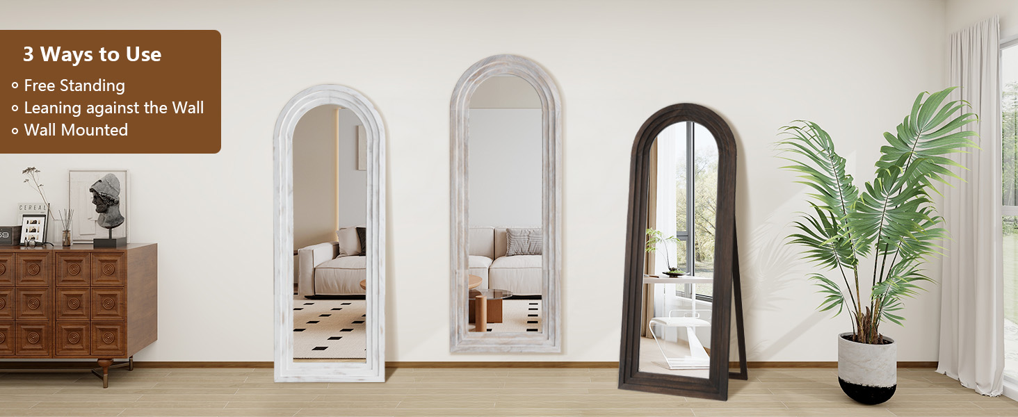 MELOMOIR Arched Full Length Mirror with Solid Wood Frame, Rustic Farmhouse Floor Mirror with Stand, Free Standing Leaning Hanging, for Bedroom Living Room Dressing Room