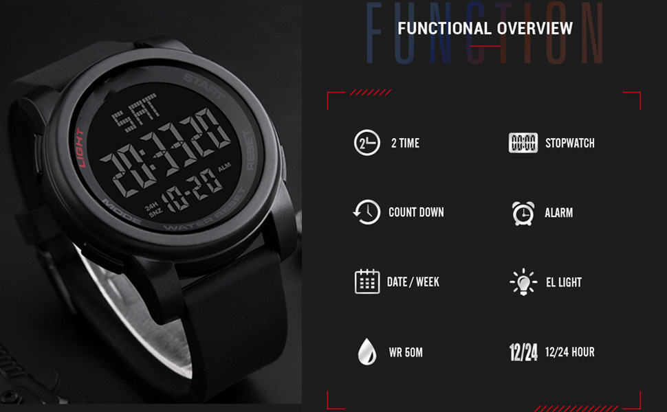 Forrader Men's Multifunctional Digital Sports Watch, Dual Time