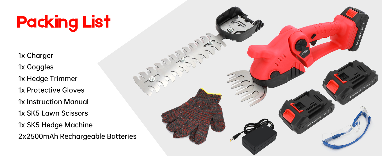 Red cordless hedge trimmer with accessories including charger, batteries, protective gloves, safety glasses, and instruction manual. Packing list displayed showing included items.