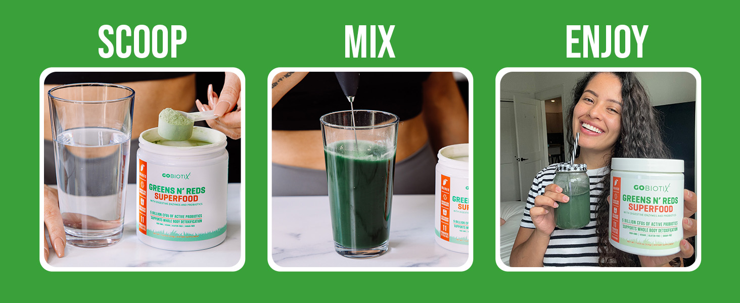 Greens Powder, Digestive Enzymes, Probiotics, Spirulina, Chlorella